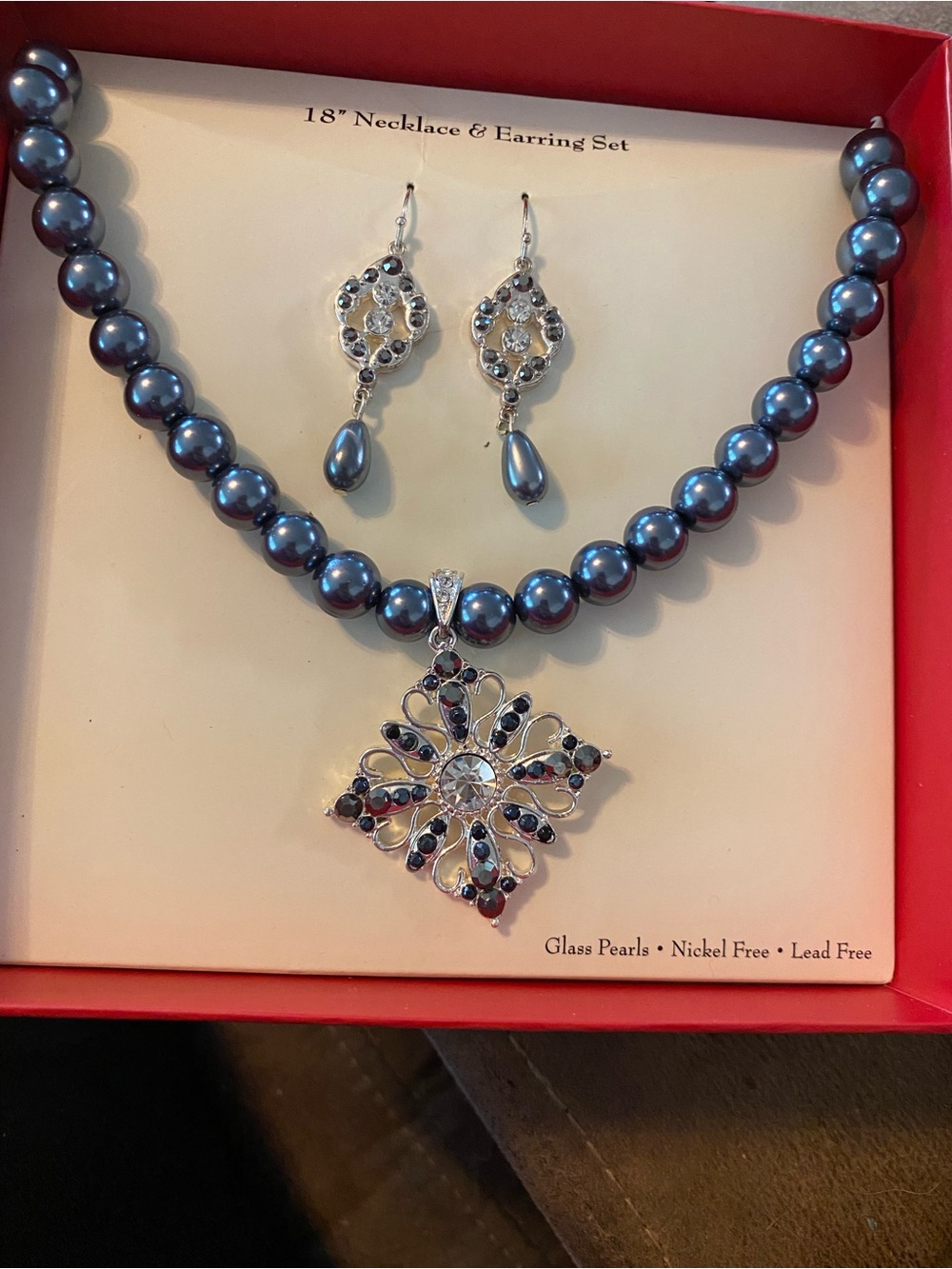 Classic Gray Glass Pearl Necklace & Filigree Pendant Earring Set